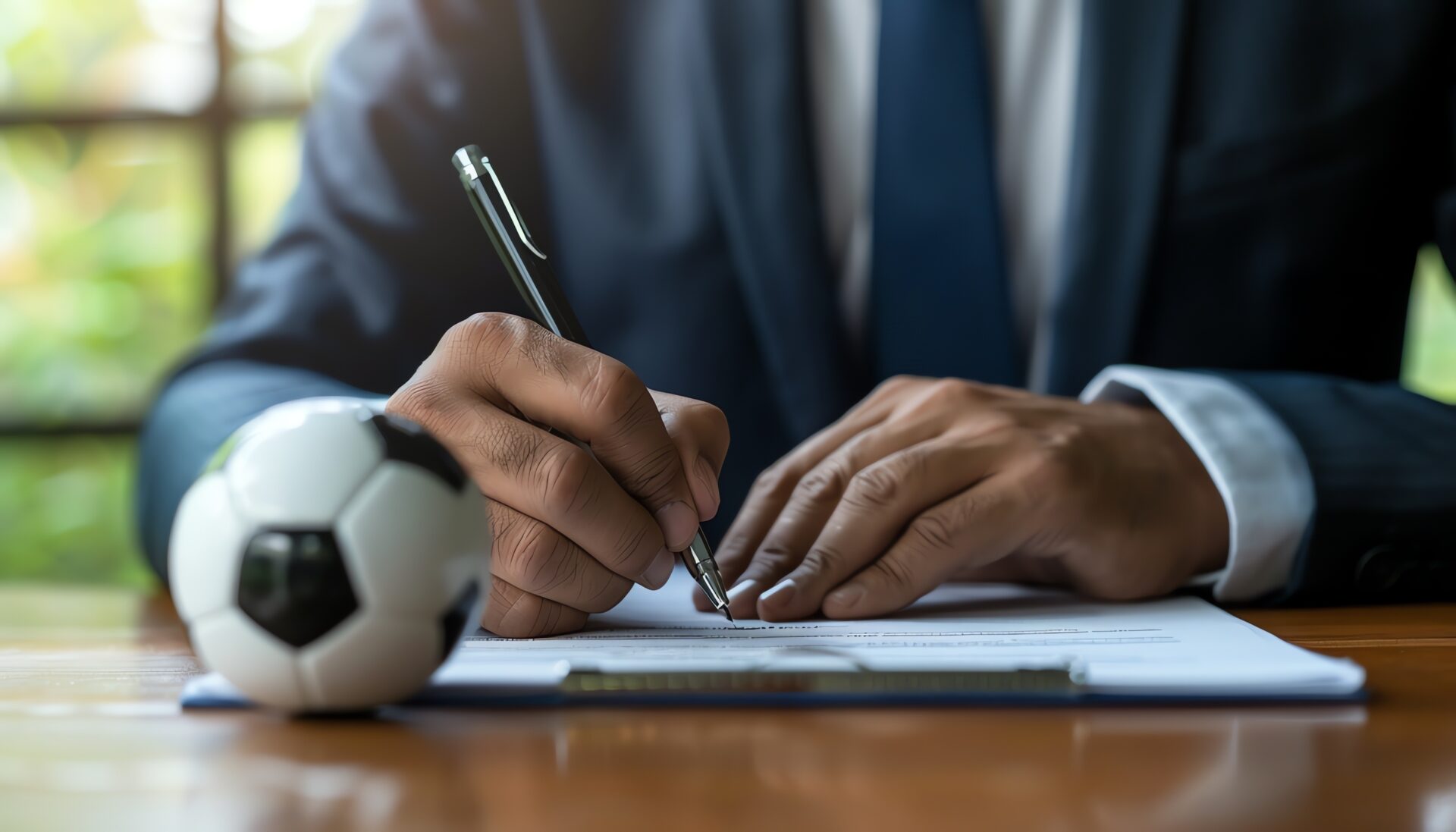 A person in a suit signing a document with a soccer ball on the table, suggesting a sports contract